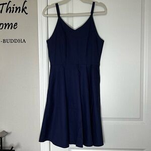 Navy Blue Spaghetti Strap V-Neck Fit & Flare Womens Knee Length Dress Large